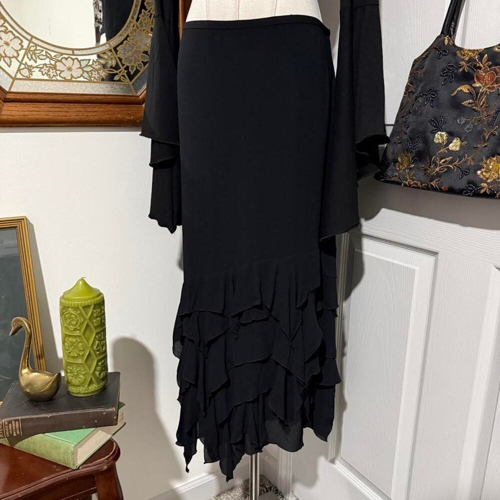 Tape Measure Black Asymmetrical Ruffle Hem Whimsy Witchy Maxi Skirt 12